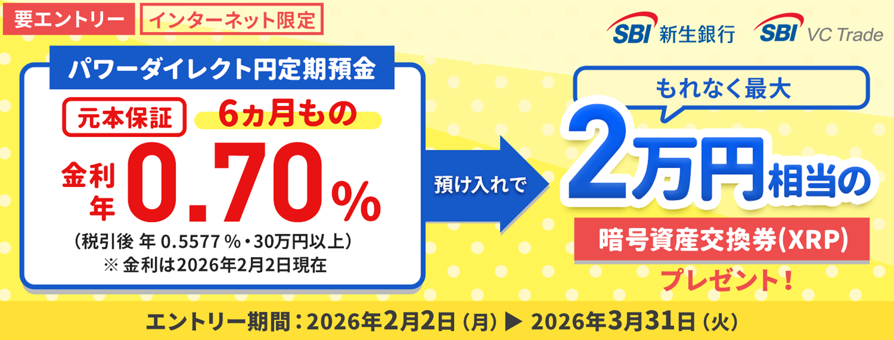 SBI VCトレードと新生銀行の協同キャンペーン。もれなく1,000円相当 & 1億円相当（山分け）の暗号資産交換券（XRP）プレゼント。
