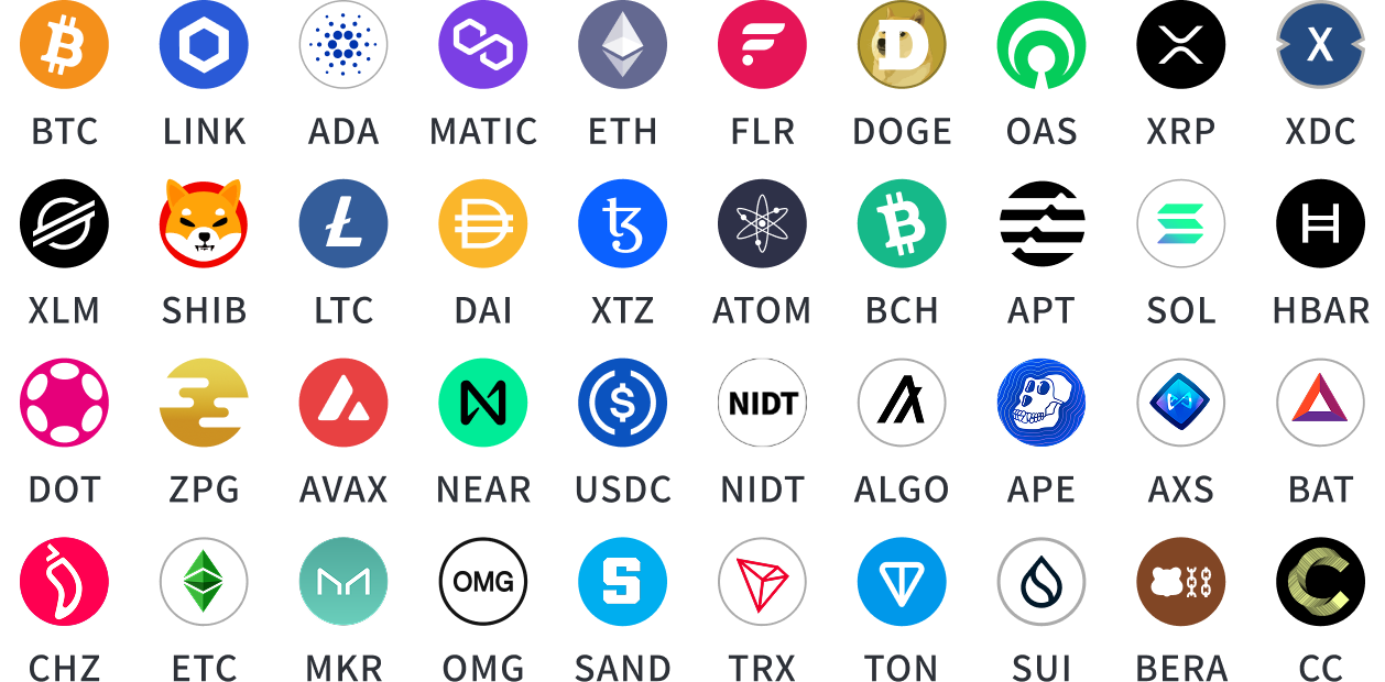 BTC LINK ADA MATIC BTC FLR DOGE OAS XRP XDC XLM SHIB LTC DAI XTZ ATOM BCH APT SOL HBAR DOT ZPG AVAX NEAR USDC NIDT ALGO APE AXS BAT CHZ ETC MKR OMG SAND TRX TON SUI BERA CC