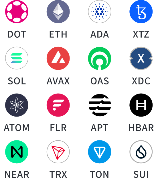 DOT ETH ADA XTZ SOL AVAX OAS XDC ATOM FLR APT HBAR NEAR TRX TON SUI