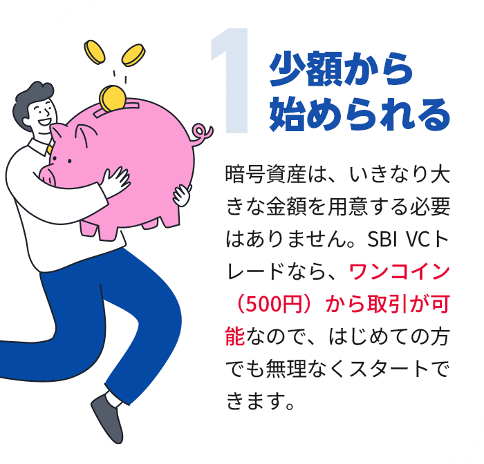暗号資産は、いきなり大きな金額を用意する必要はありません。SBI VCトレードなら、ワンコイン（500円）から取引が可能なので、はじめての方でも無理なくスタートできます。