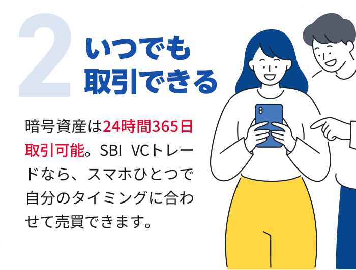 暗号資産は24時間365日取引可能。SBI VCトレードなら、スマホひとつで自分のタイミングに合わせて売買できます。